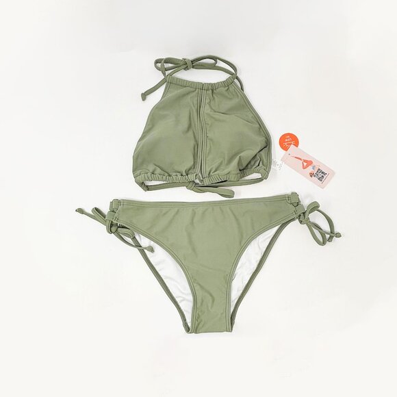 NWT Mid Rise sage olive green high neck halter tie bikini - Picture 1 of 8